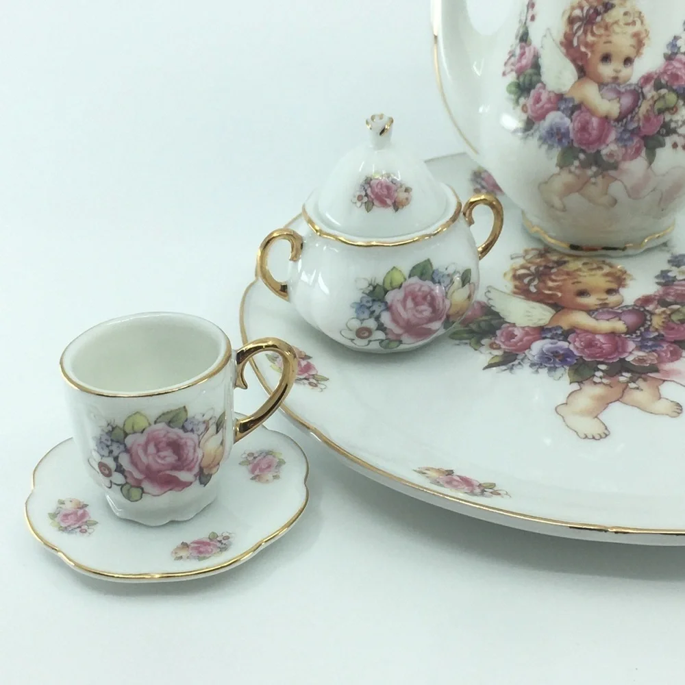 Vintage Children's Mini Tea Set White Porcelain Angel Pink Floral Gold Trim 10pc